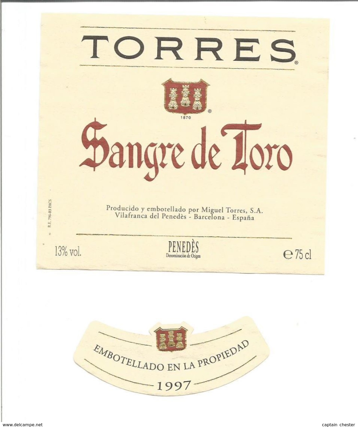 Etiquette VIN D'ESPAGNE - Sangre De Toro " Torres " 1997 - Tori