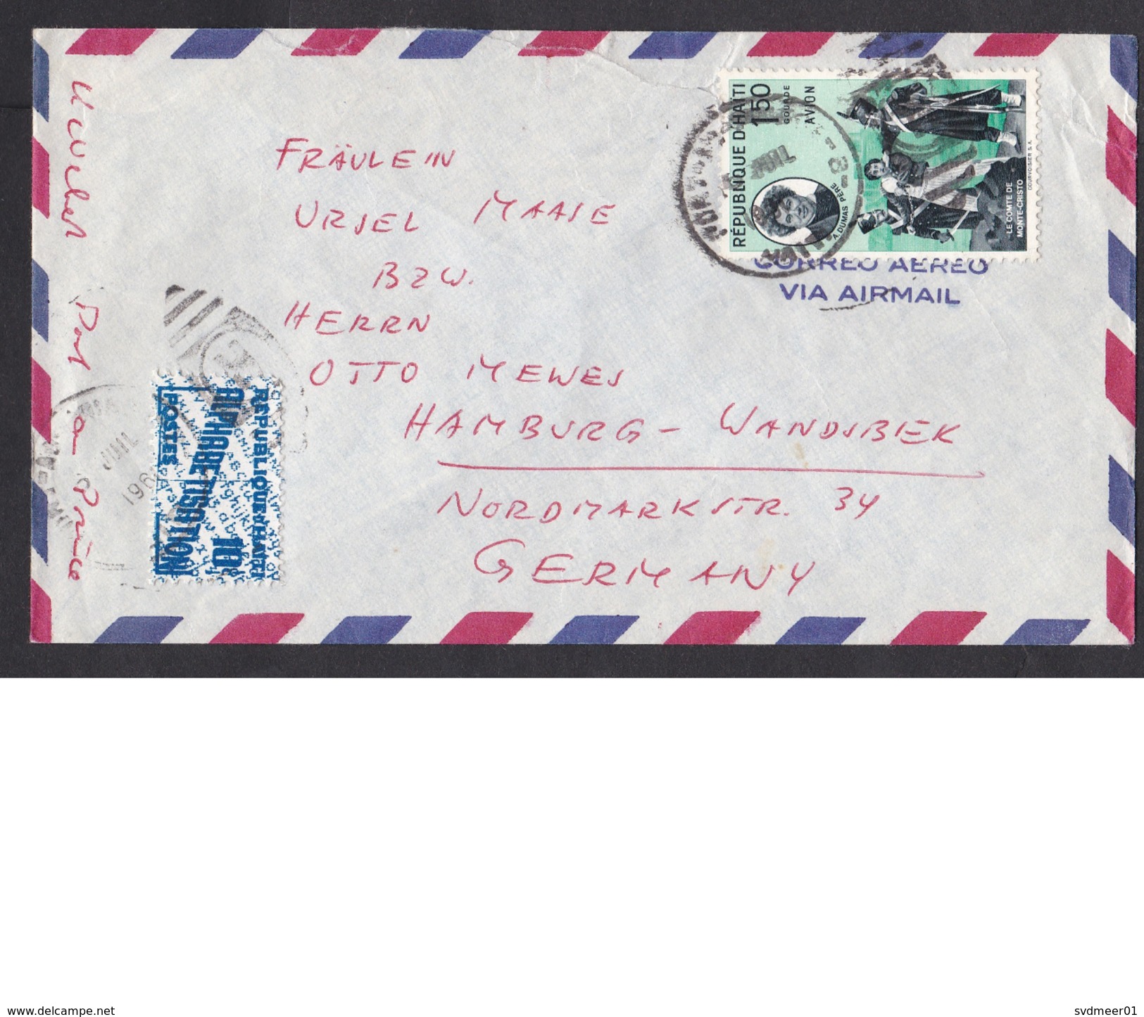 Haiti: Airmail Cover To Germany, 1961, 1 Stamp, 1 Tax Stamp, Dumas, Monte Christo, Literature (damaged, Roughly Opened) - Haïti