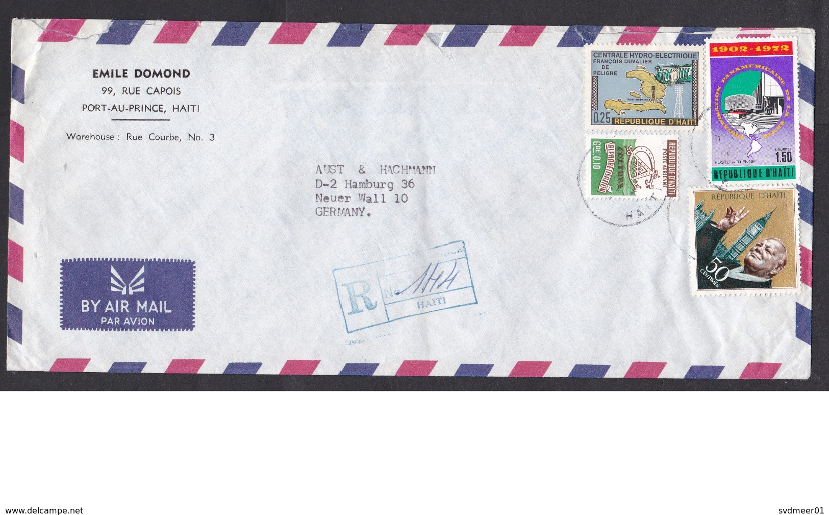 Haiti: Airmail Cover To Germany, 3 Stamps, 1 Tax Stamp, Hydro Electricity, Churchill, Big Ben, Health (roughly Opened) - Haïti