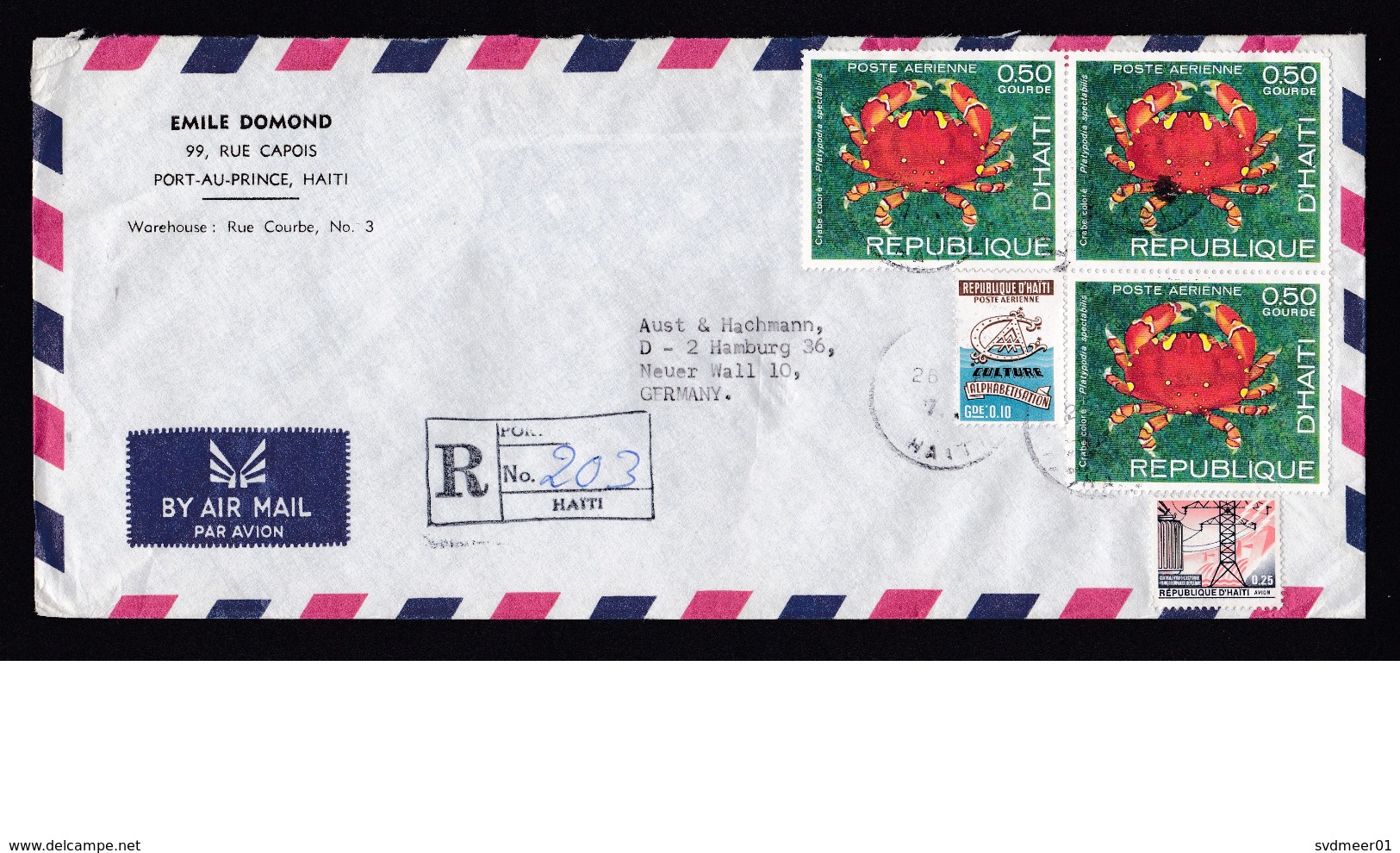 Haiti: Registered Airmail Cover To Germany, 4 Stamps, 1 Tax Stamp, Electricity, Crab, Sea Animal (traces Of Use) - Haïti