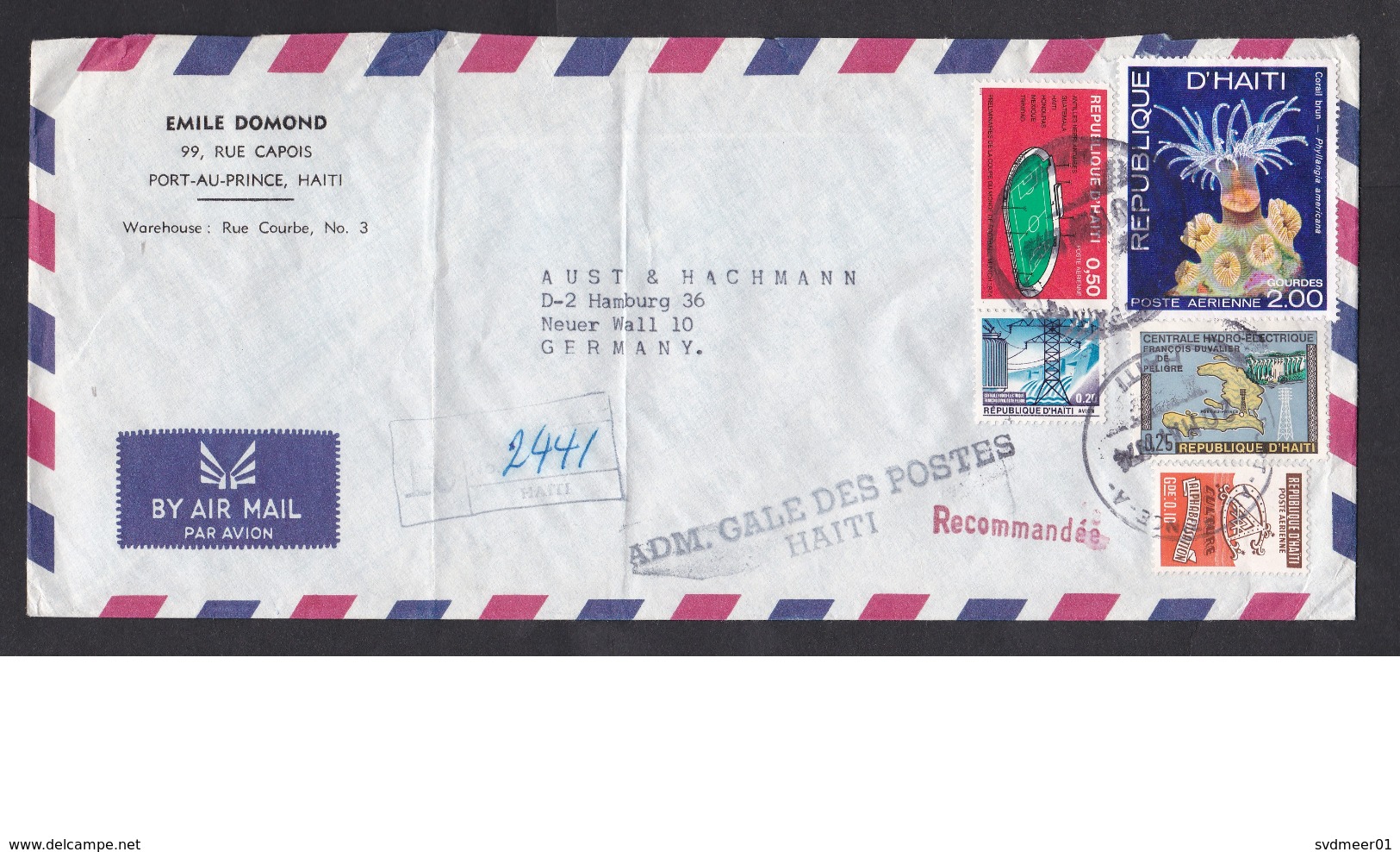 Haiti: Registered Airmail Cover To Germany, 4 Stamps, 1 Tax Stamp, Coral, World Cup Soccer, Electricity (minor Damage) - Haití