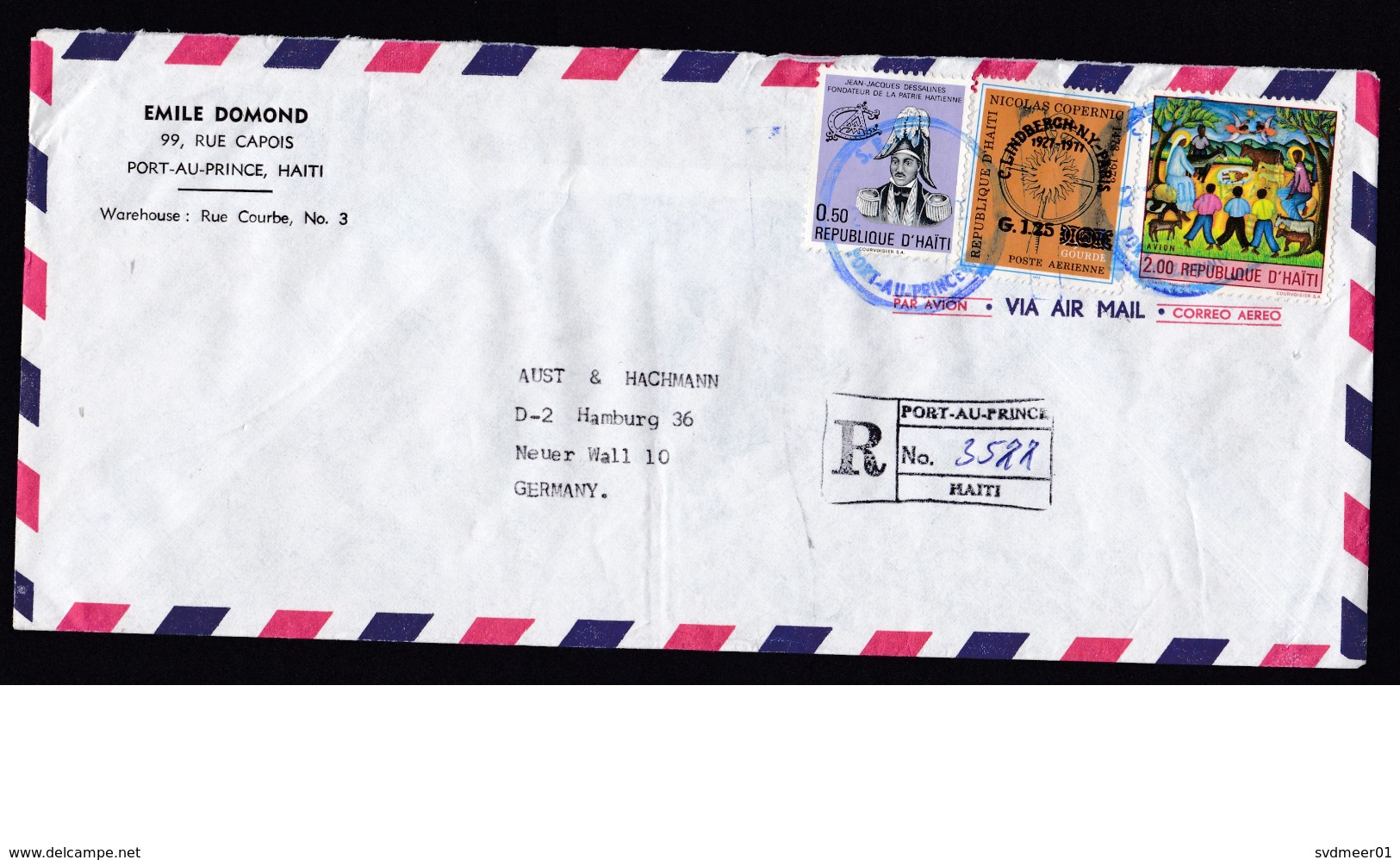 Haiti: Registered Airmail Cover To Germany, 3 Stamps, Copernicus, Rare Overprint Lindbergh, Birth Of Christ (crease) - Haïti