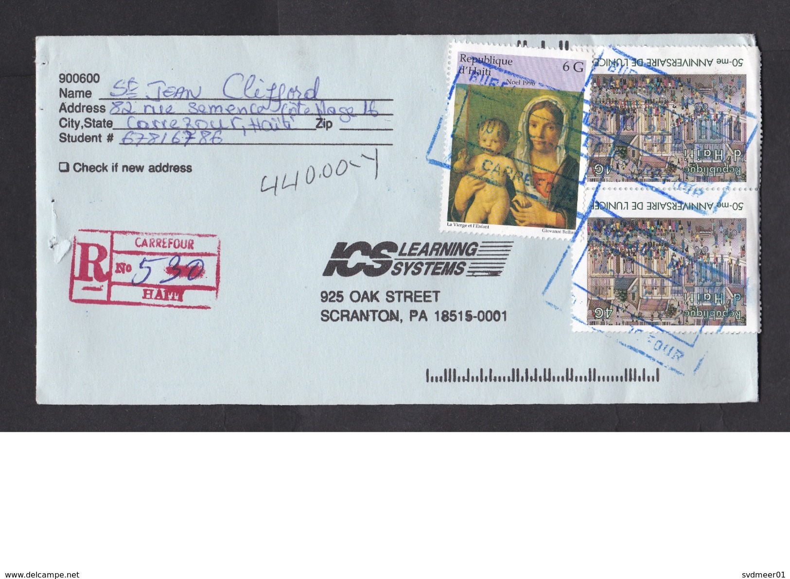 Haiti: Registered Airmail Cover To USA, 1997, 3 Stamps, Unicef, Christ, Mary (minor Damage) - Haïti