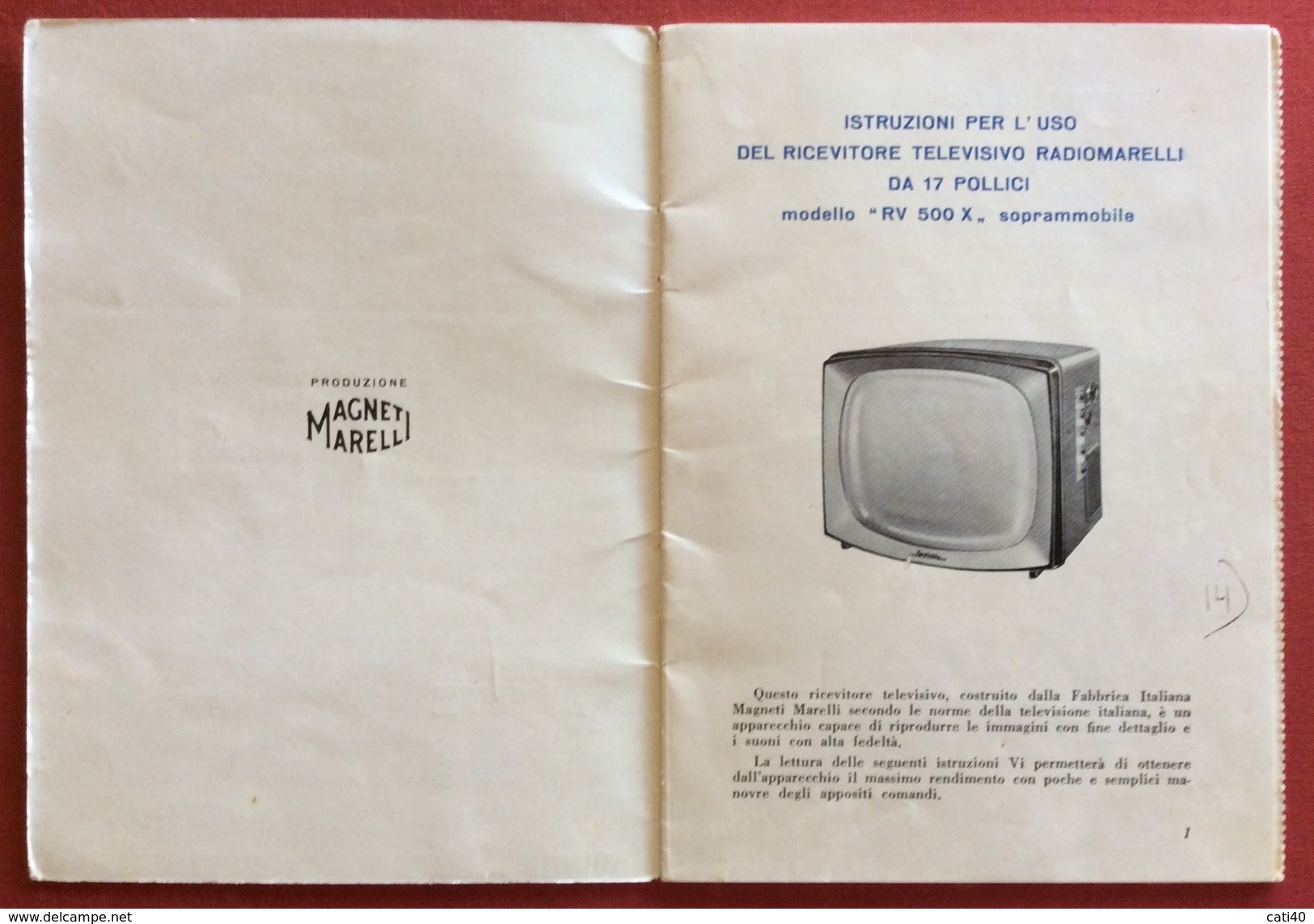 RADIOMARELLI TELEVISORE MODELLO RV 500 X  DEL 1959  LIBRETTO ISTRUZIONI CON CERTIFICATO DI GARANZIA - Altri & Non Classificati