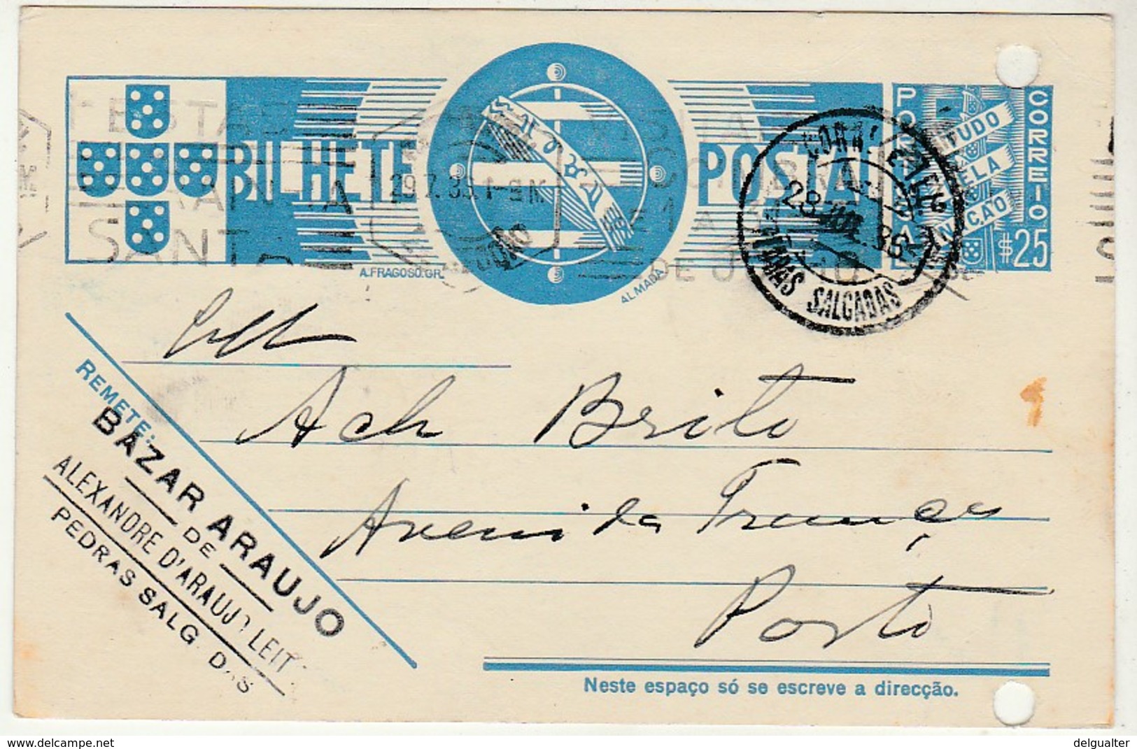 Postal Stationery * Portugal * 1936 * Bazar Araujo * Pedras Salgadas * Holed - Entiers Postaux