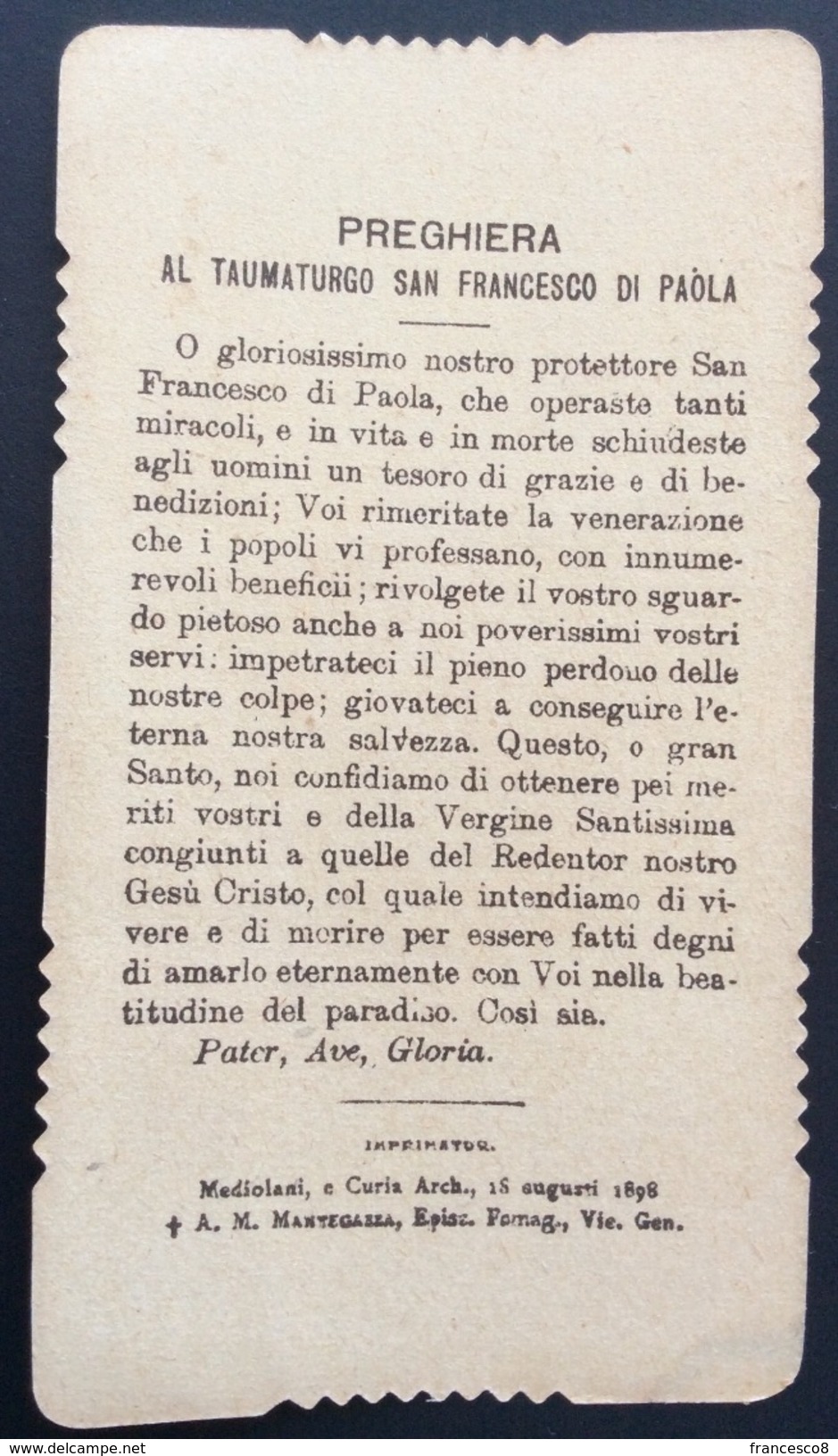 1898 SANTINO SAN FRANCESCO DI PAOLA - Religione & Esoterismo