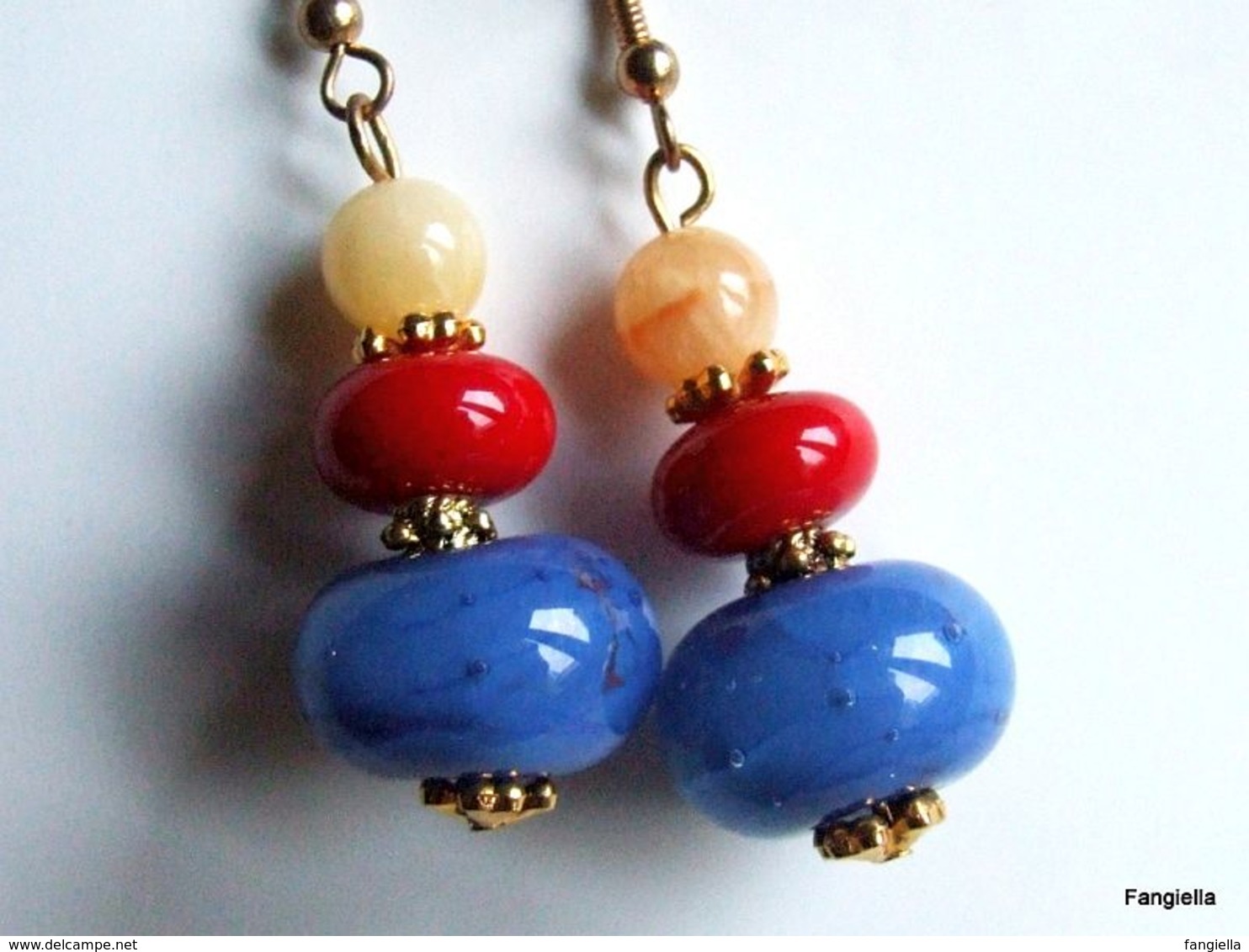Boucles D'oreilles Bleu Rouge Jaune Perles En Verre Filé Au Chalumeau, Calcite Pierre Semi-précieuse - Ohrringe