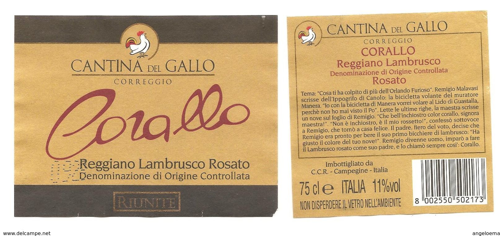 ITALIA - Etichetta Vino LAMBRUSCO REGGIANO "CORALLO" Doc Cantine RIUNITE Di Reggio E. Rosato Dell'EMILIA - Gallo - Vino Rosato
