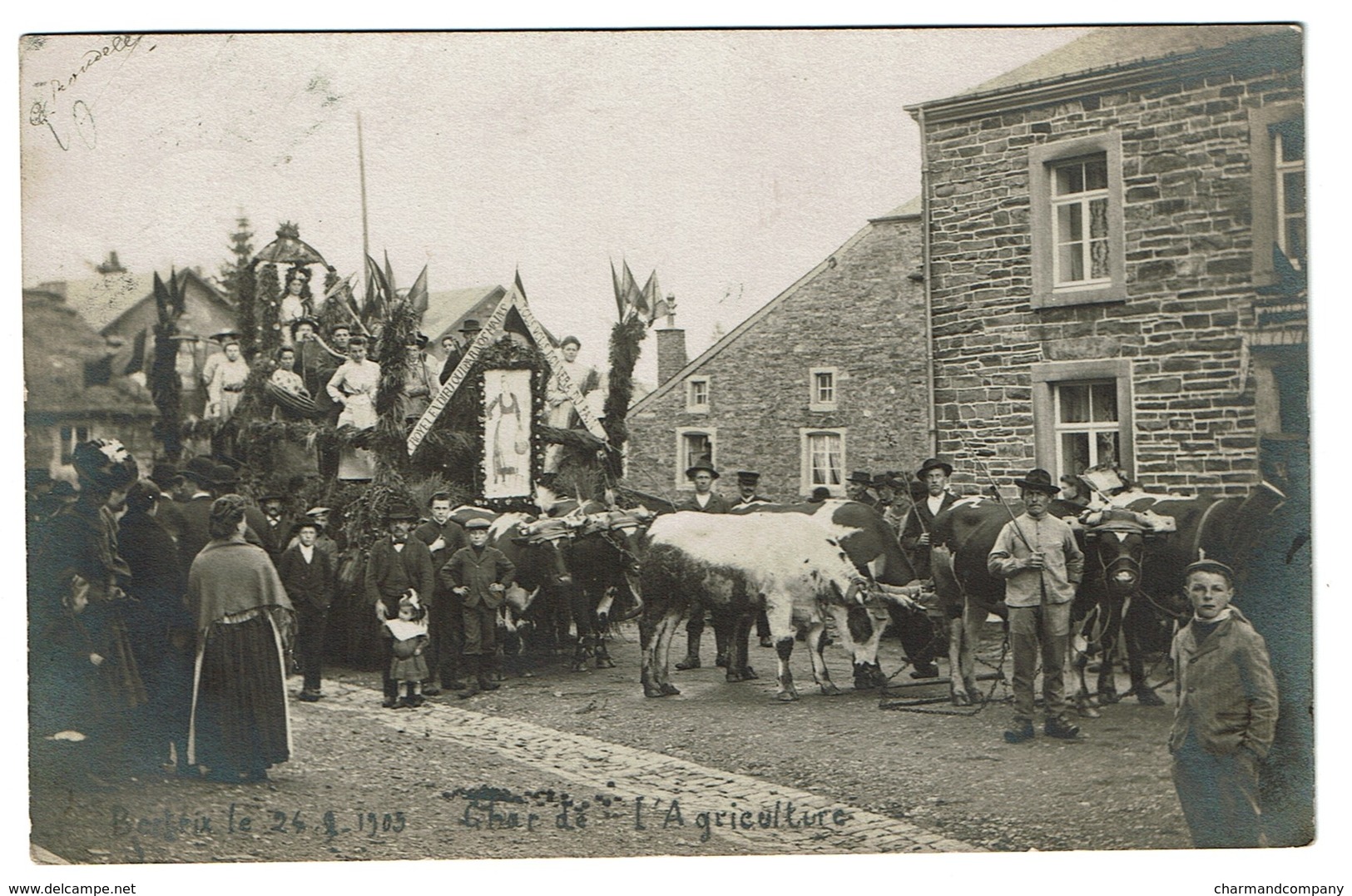 Bertrix - Carte Photo 24 Septembre 1905 - Char De L'Agriculture - Animée - Vaches / Boeufs - Circulée En 1905 - 2 Scans - Bertrix