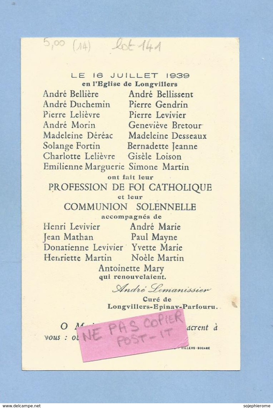 Longvillers (14) Communions Du 16/07/1939 Père André Lemanissier 2 Scans - Comunioni