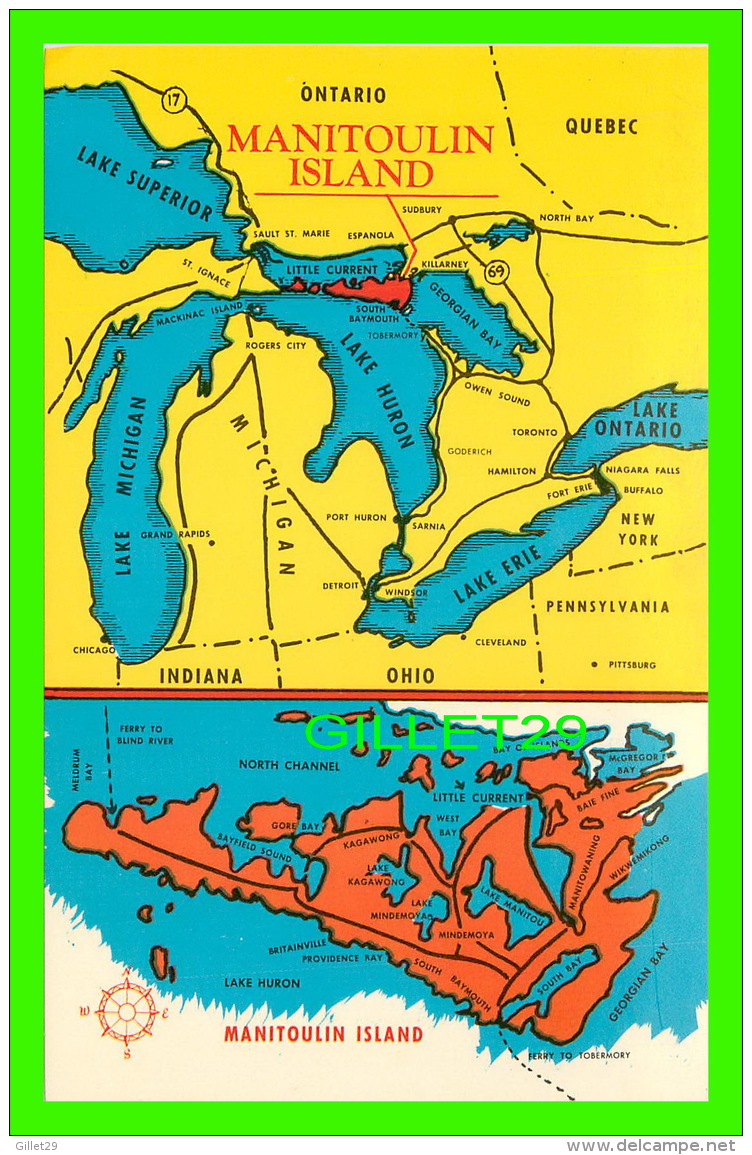 CARTES GÉOGRAPHIQUES, MAPS - MANITOULIN ISLAND - HOME OF THE INDIAN GREAT GOD MANITOU - A. A. GLEASON JR - - Maps