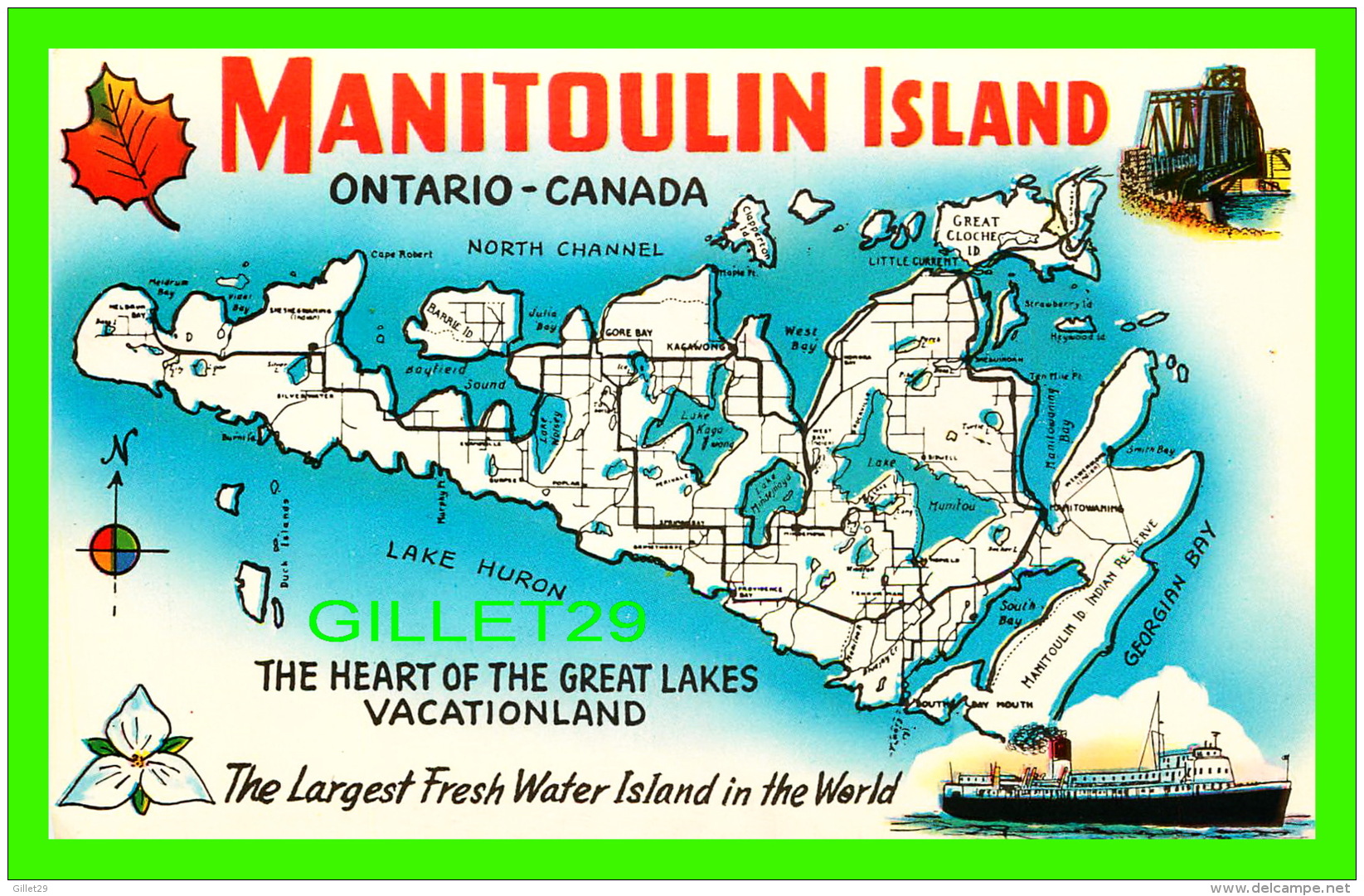 CARTES GÉOGRAPHIQUES, MAPS - MANITOULIN ISLAND -THE GREAT LAKES VACATIONLAND  - A. A. GLEASON JR - - Cartes Géographiques