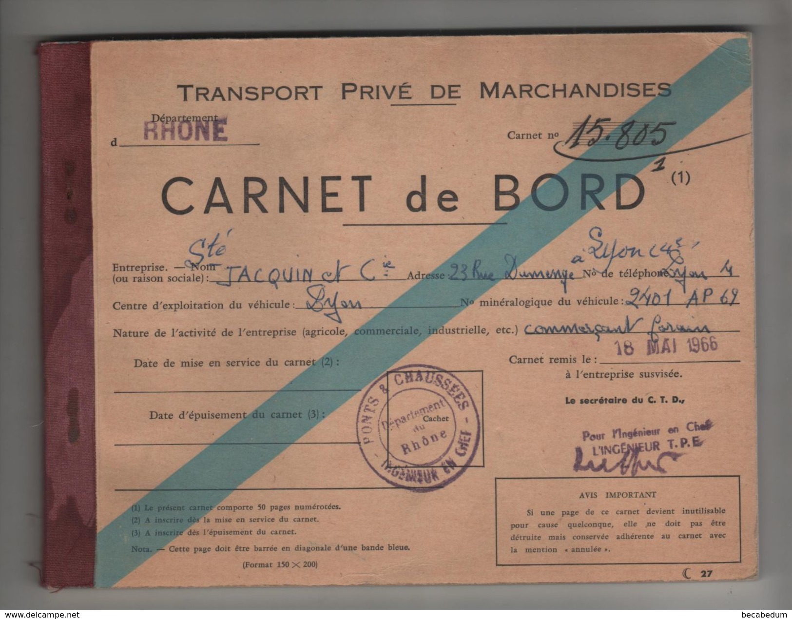 Transport Ponts Et Chaussées Carnet De Bord Jacquin Commerçant Forain Lyon - Otros & Sin Clasificación