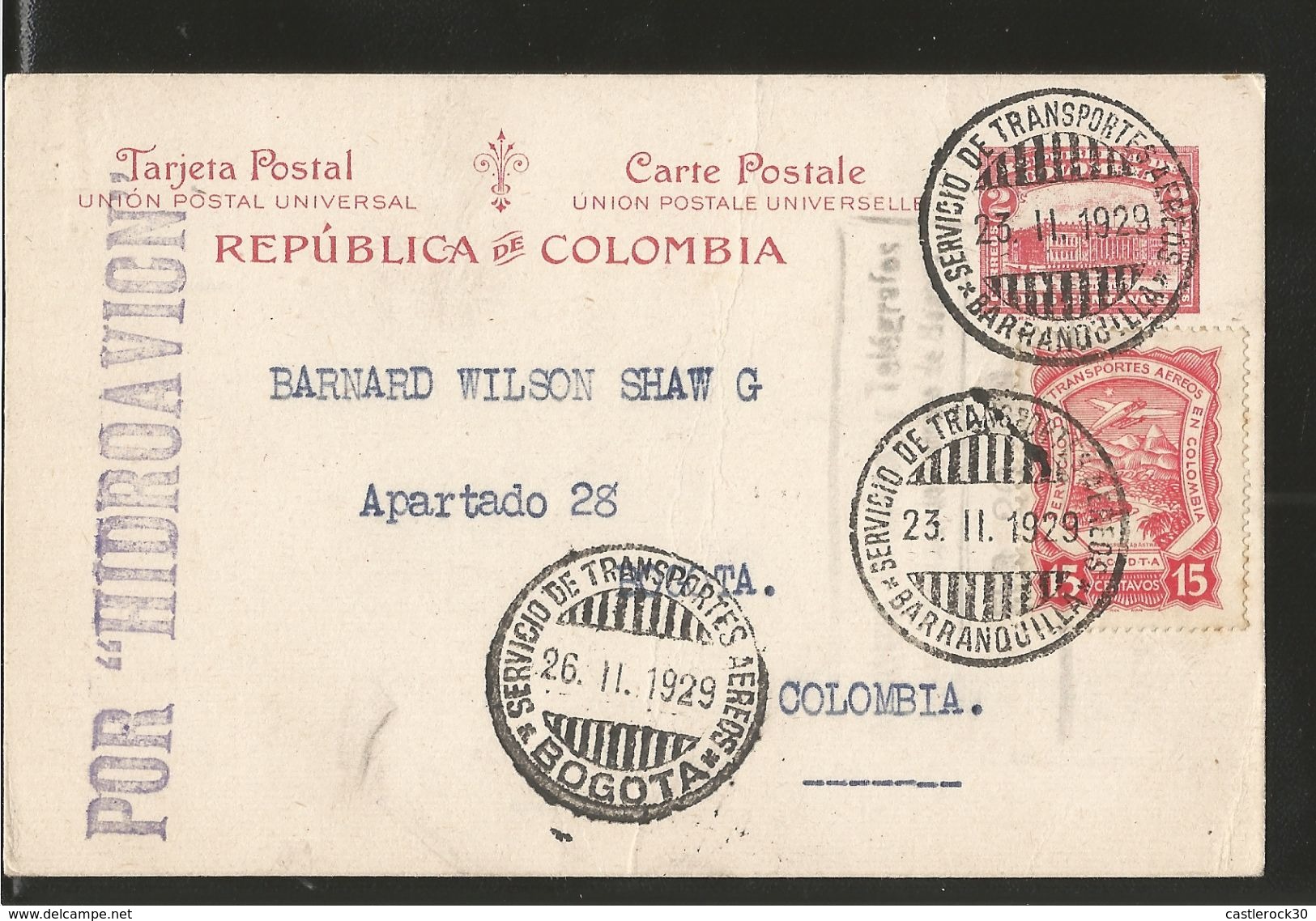 J) 1929 COLOMBIA, AIR TRANSPORT SERVICE IN COLOMBIA, STAMP, BY HYDROAVION, FROM MONTERREY TO COLOMBIA, POSTAL STATIONERY - Colombia