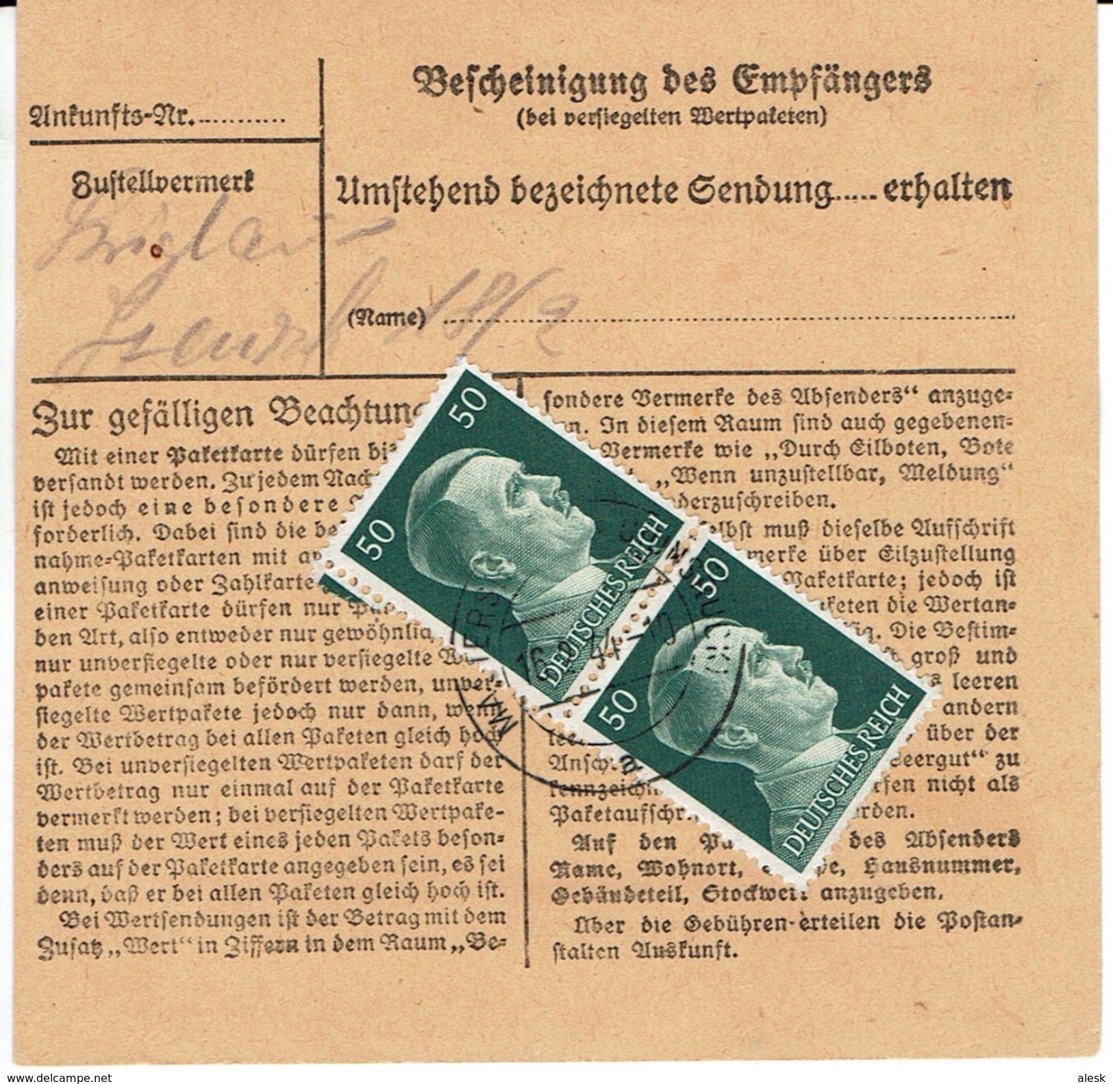 BESCHEINIGUNG Des EMPFÄNGERS - RÉCÉPISSÉ - Mastershausen / Hunsrück 16 Février 1944 N° 713 + 720 X3 - Covers & Documents