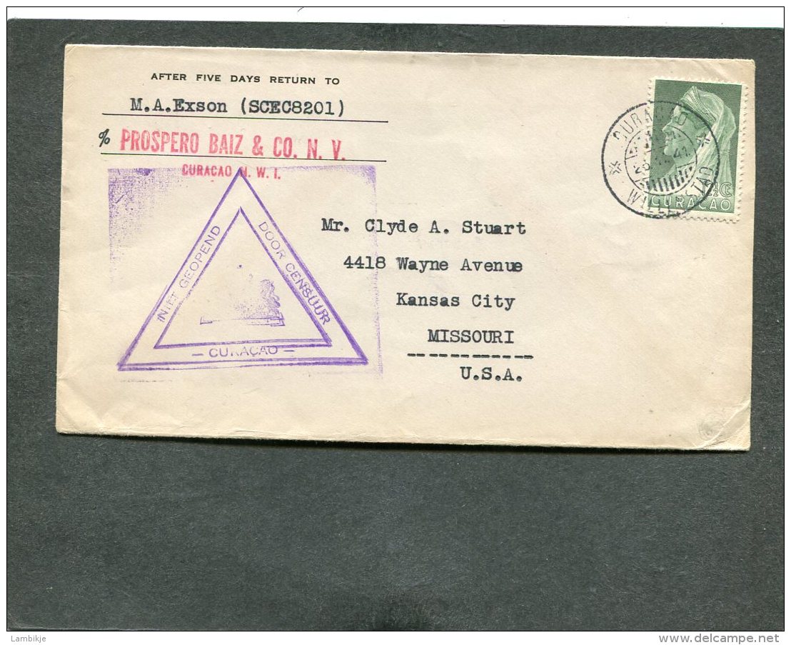 Curacao Cover 1941 NOT OPENT BY CENSOR - Curacao, Netherlands Antilles, Aruba