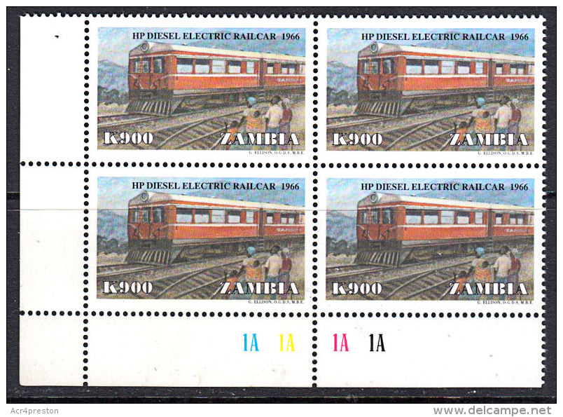 B5328 ZAMBIA 1999, SG 789 Diesel-electric Railcar, MNH Control Block Of 4 - Zambia (1965-...)