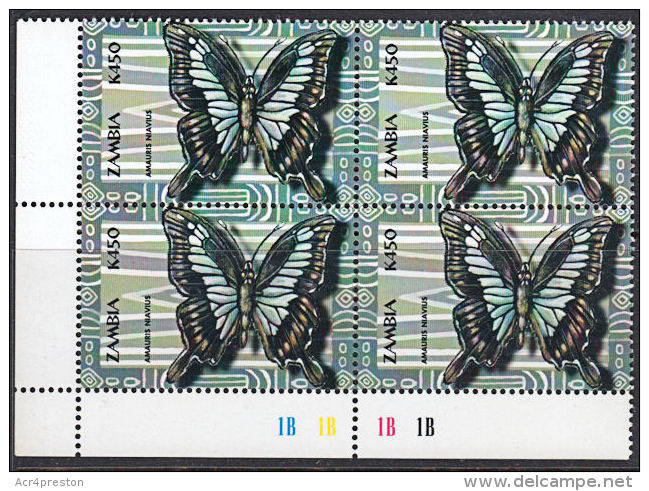 B5330 ZAMBIA 2000, K450 Butterflies, MNH Control Block Of 4 - Zambia (1965-...)