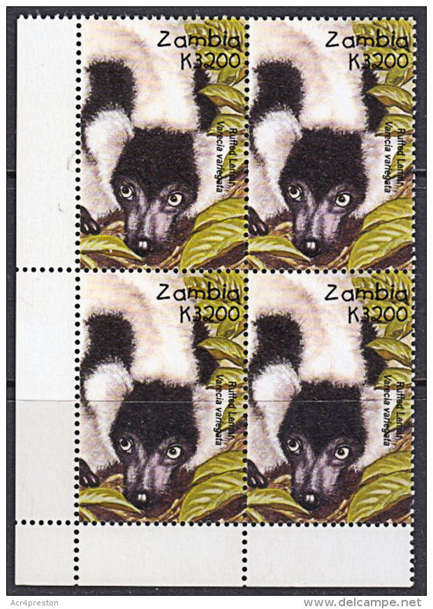 D0261 ZAMBIA 2001, SG 829 Ruffed Lemur (mammals) MNH Corner Block Of 4 - Zambia (1965-...)