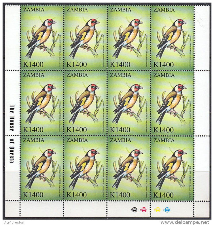 D0290 ZAMBIA 2000, K1400 Eurasian Goldfinch, MNH Block Of 12 - Zambia (1965-...)