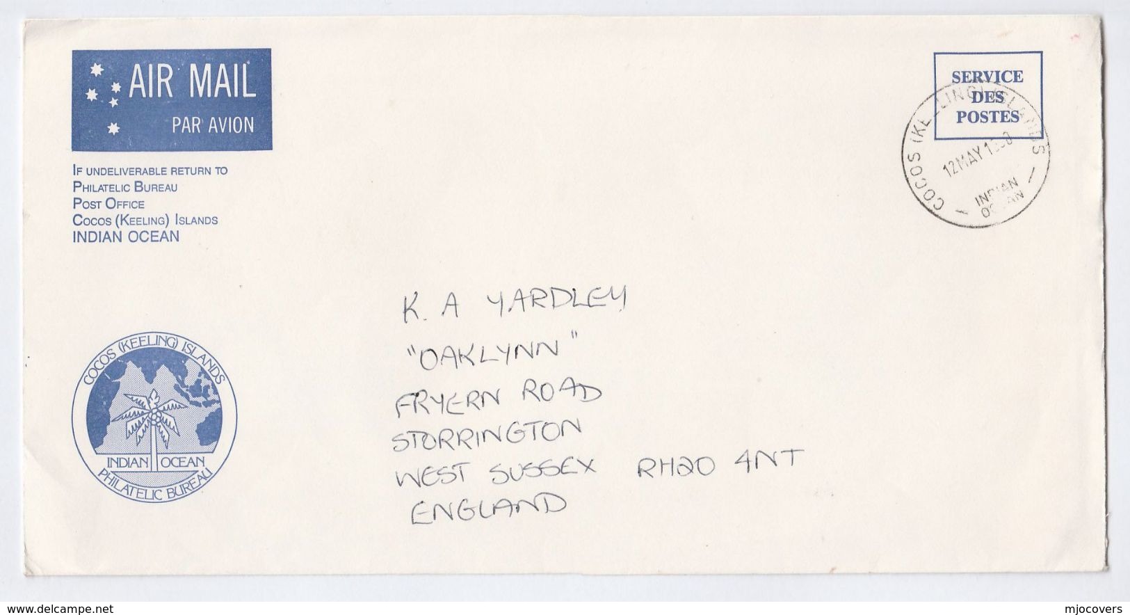 1980 COCOS KEELING Islands SERVICE DES POSTES AIRMAIL Postal  STATIONERY COVER To GB , Stamps - Cocos (Keeling) Islands