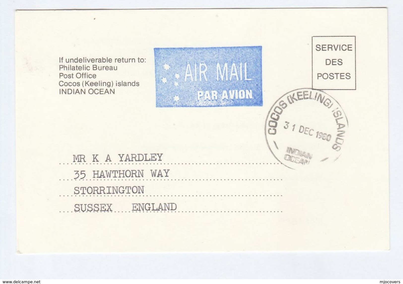 1980 COCOS KEELING Islands SERVICE DES POSTES Postal STATIONERY CARD To GB Cover Stamps - Cocos (Keeling) Islands