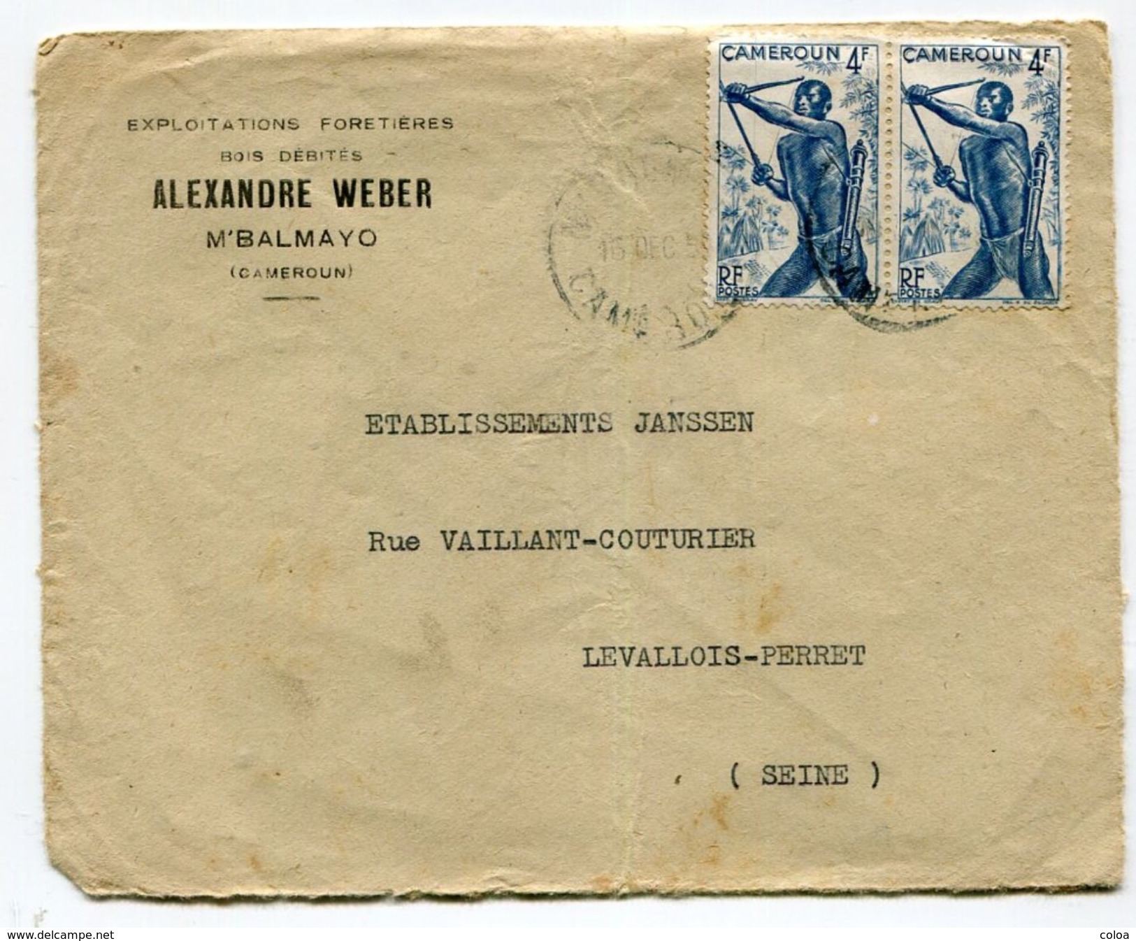 Lettre Exploitation Forestière Alexandre Weber 2 Timbres 4f Bleu - Lettres & Documents