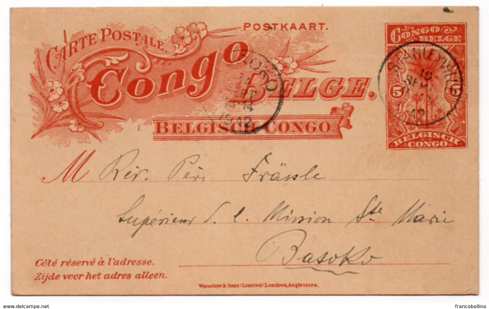 BELGISCH CONGO - POSTAL STATIONERY/ENTIER 5c.- CANCEL STANLEYVILLE TO BASOKO 1912 - Congo Belga