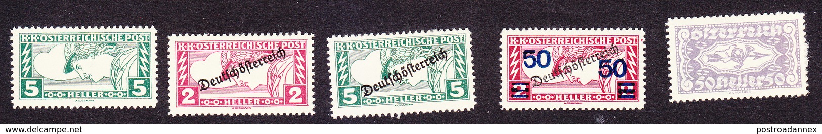 Austria, Scott #QE4-QE8, Mint Hinged, Mercury, Mercury Overprinted, Issued 1917-22 - Other & Unclassified