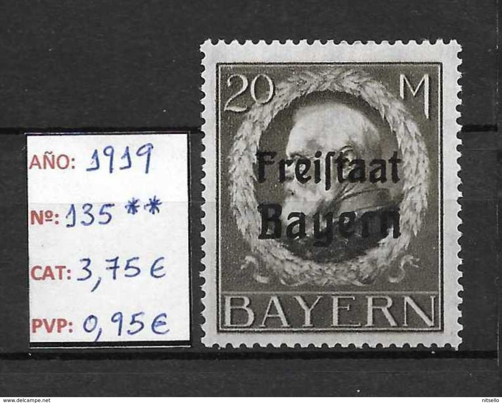 LOTE 1324   ///   ALEMANIA BAYERN  AÑO 1919   YVERT Nº: 135**MNH  CATALOG/COTE: 3,75&euro;    ¡¡¡¡¡¡¡¡LIQUIDATION! - Mint