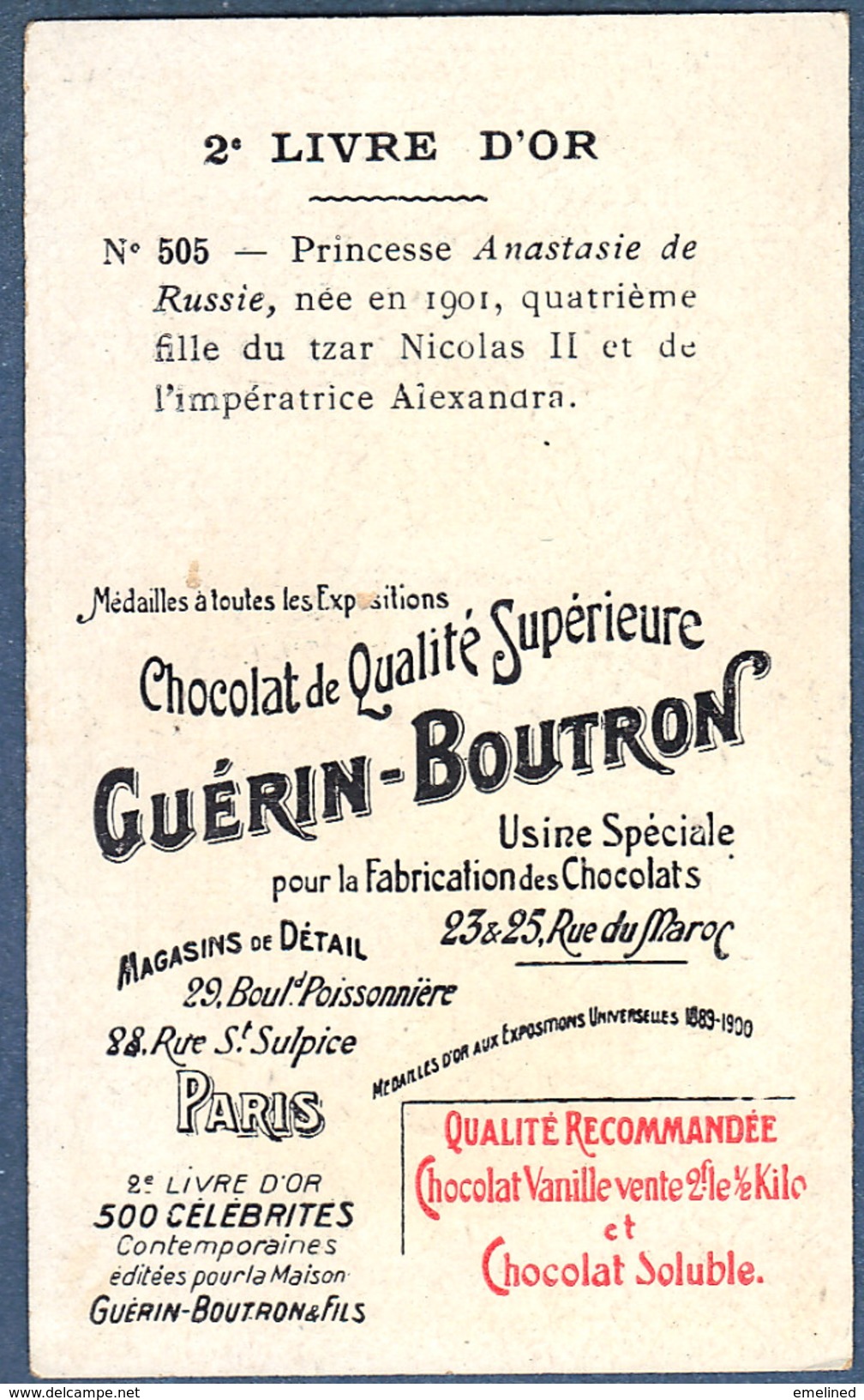 Chromo Chocolat Guerin-Boutron 2e Livre D´or Célébrités Contemporaines 505 Princesse Anastasie Russie Tsar Nicolas II - Guérin-Boutron