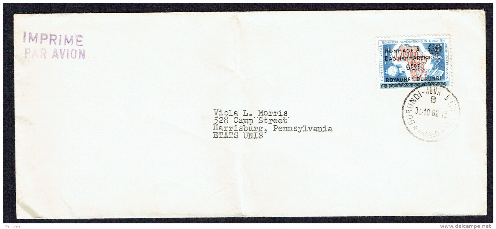 1962  Imprimé Par Avion Pour Les USA  Hammarskjöld 6,50fr Sur Néerlandais  FDC - Oblitérés