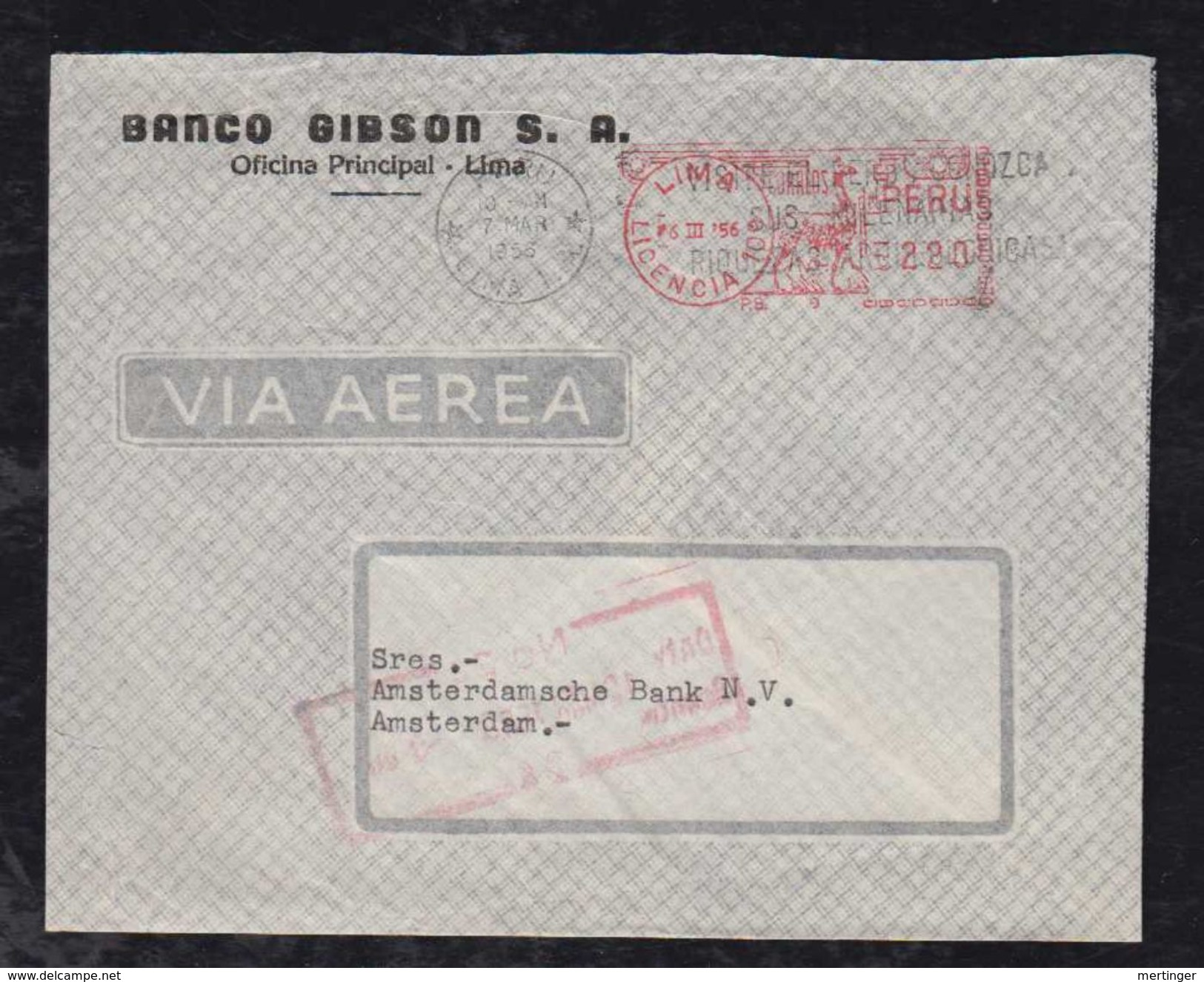 Peru 1956 Meter Airmail Cover LIMA To AMSTERDAM Netherlands - Pérou