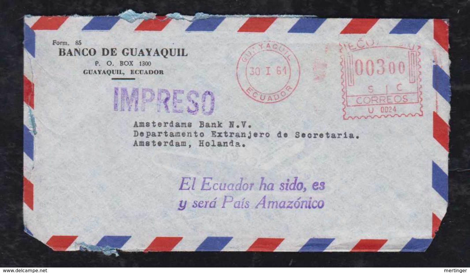 Ecuador 1961 Meter Airmail Printed Matter AMAZONAS Propaganda Cancel GUAYAQUIL To AMSTERDAM - Ecuador