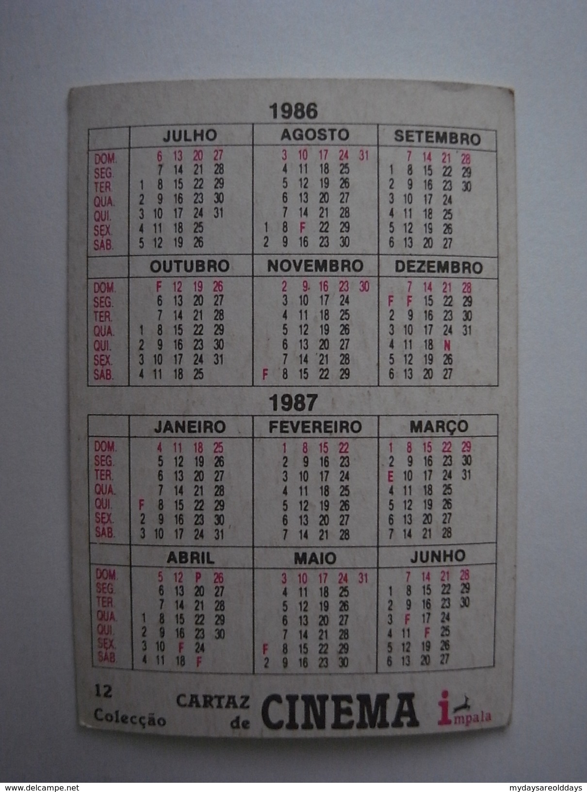 1 Calendar - Portugal Movie Tv Cinema Artist Hollywood (zz12-2) - Formato Piccolo : 1991-00