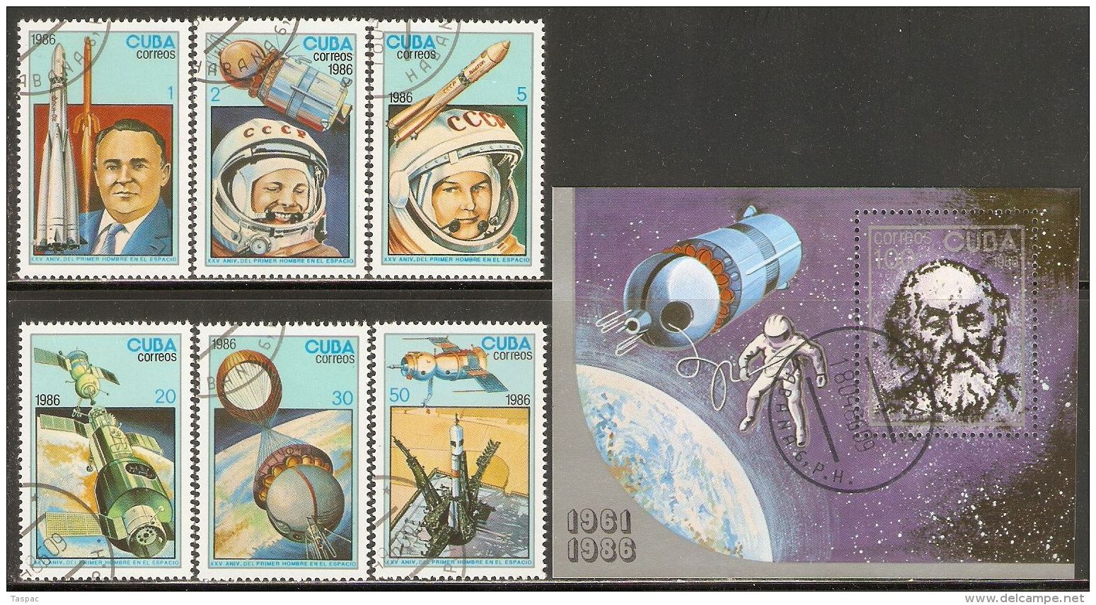 Cuba 1986 Mi# 3005-3010, Block 94 Used - 1st Man In Space, 25th Anniv. - Used Stamps