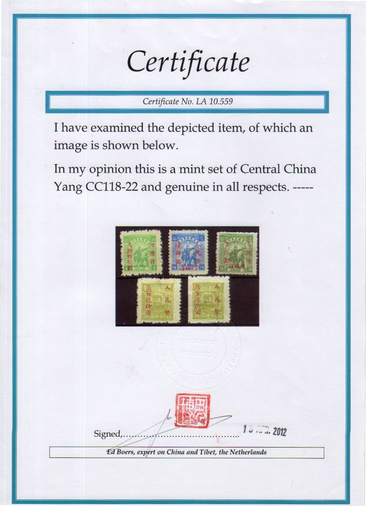 Honan Opt Complete Set Yang CC118-22 MNH &CERTIFICATE (40) - Centraal-China 1948-49