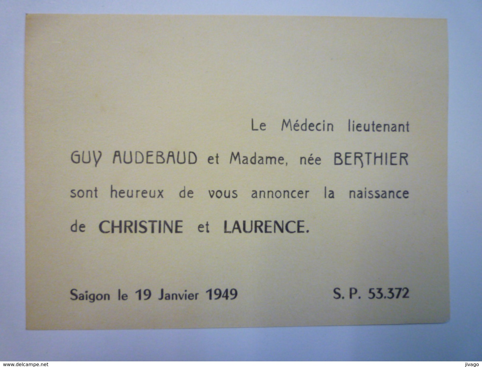 FAIRE-PART De NAISSANCE  De  Christine Et Laurence  AUDEBAUD  (SAÏGON  Le  19 Janvier  1949)    - Naissance & Baptême