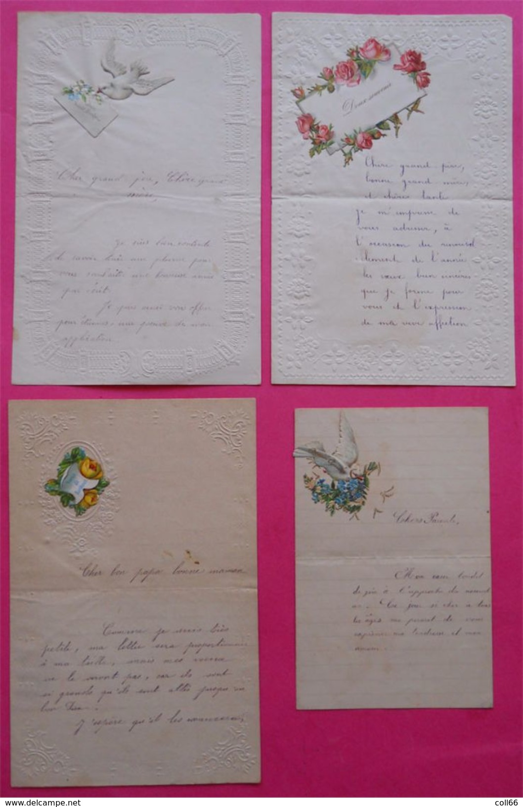 RARE 5 Lettres D'enfant 1903-1907"Valentines" Gaufrées Chromos Petite Fille De Lezignan à Son Grand-Pere Indivisible - Autres & Non Classés