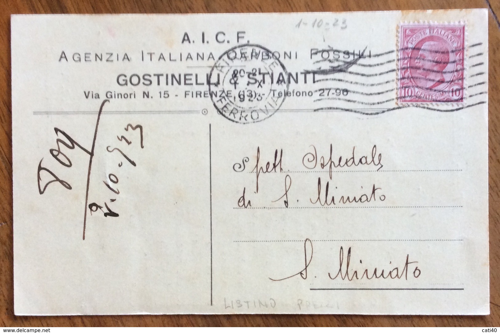 CARTOLINA PUBBLICITARIA  CARBONI FOSSILI GOSTINELLI & STIANTI FIRENZE CON LISTINO PREZZI PER IL 1923 - Altri & Non Classificati