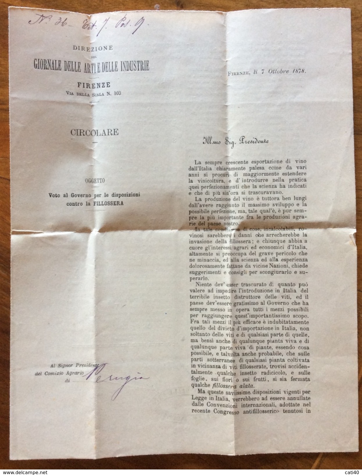 ENOLOGIA VINO  VOTO DEL GOVERNO CONTRO LA FILLOSSERA DELLA VITE CIRCOLARE DEL 7/10/1878 PER IL VINO ITALIANO... - Altri & Non Classificati