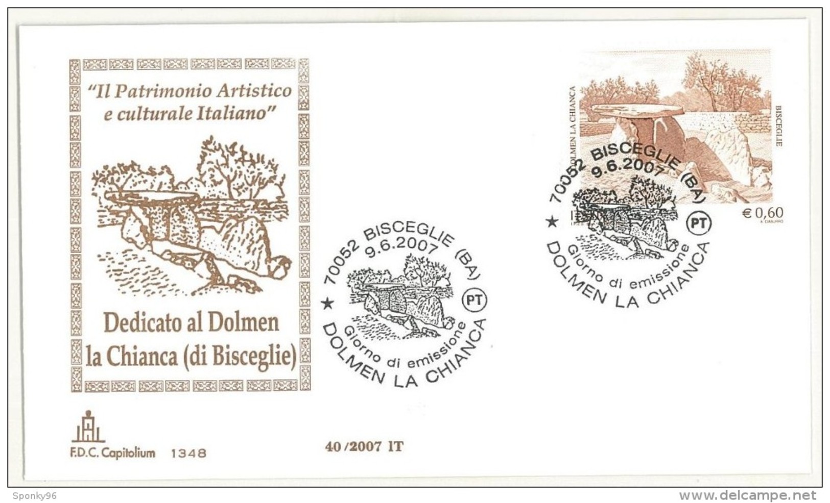 FDC ITALIA - CAPITOLIUM -  ANNO 2007  - PATRIMONIO ARTISTICO E CULTURALE - DEDICATO AL DOLMEN LA CHIANA - BISCEGLIE (BA) - FDC