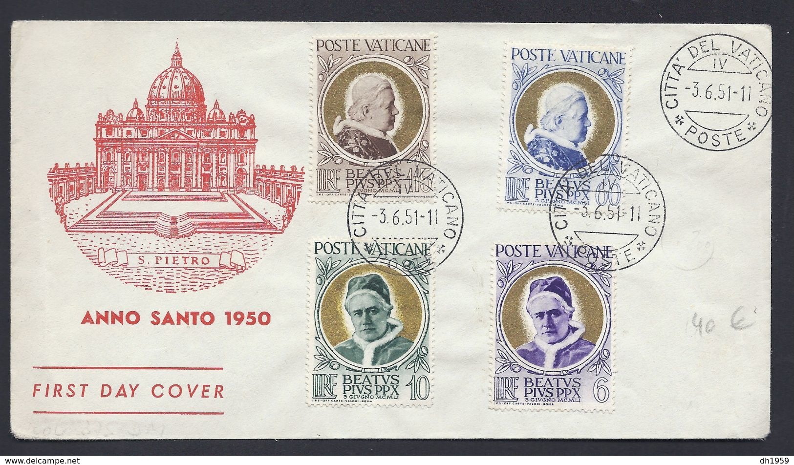 VATICAN CITTA DEL VATICANO 3.6.1951 ANNO SANTO 1950 S. PIETRO FDC PAPE POPE PAPST - Lettres & Documents