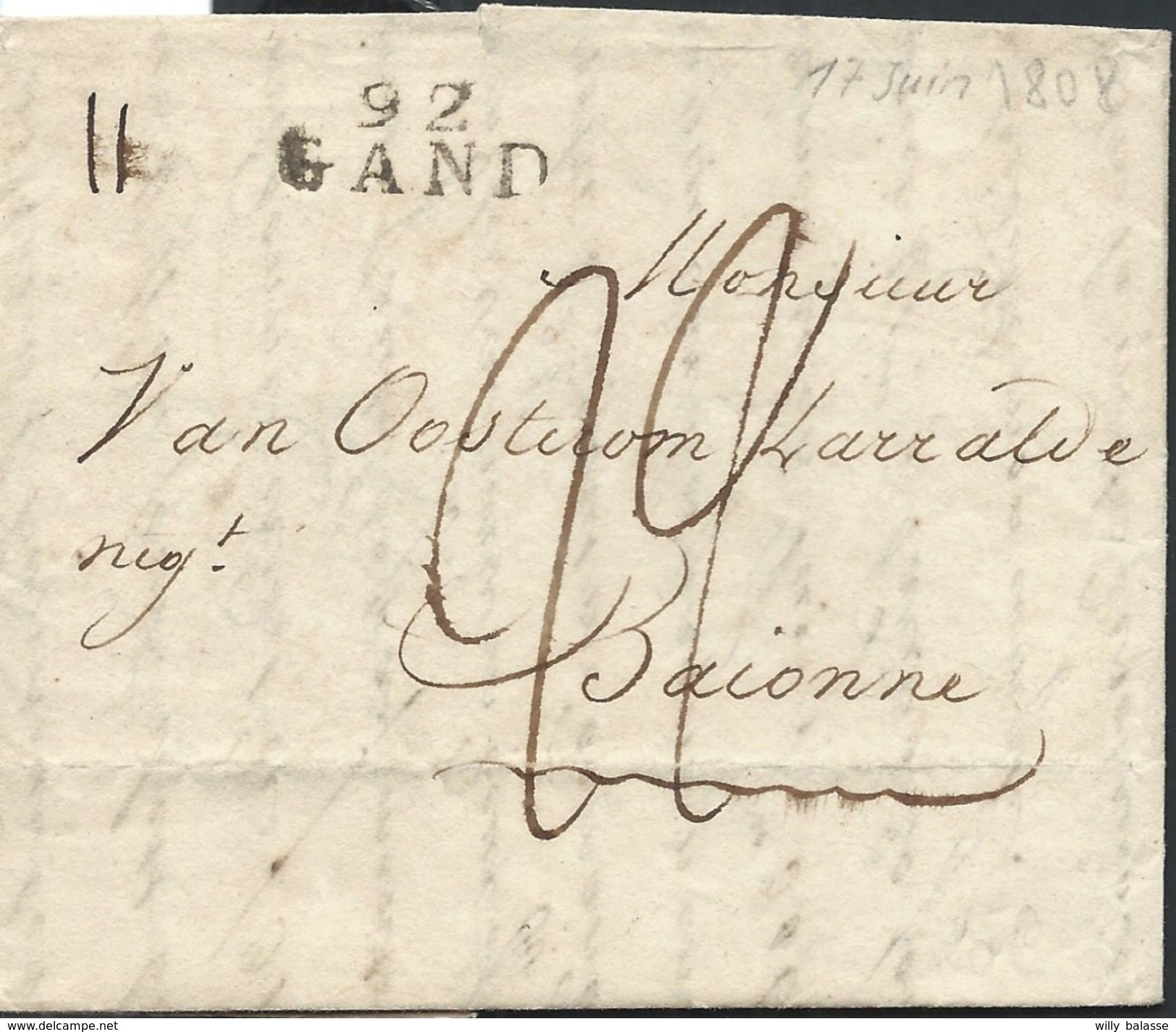 L 1808 Marque 92/GAND + "22" Pour Baionne. Tarif élevé. - 1794-1814 (Période Française)