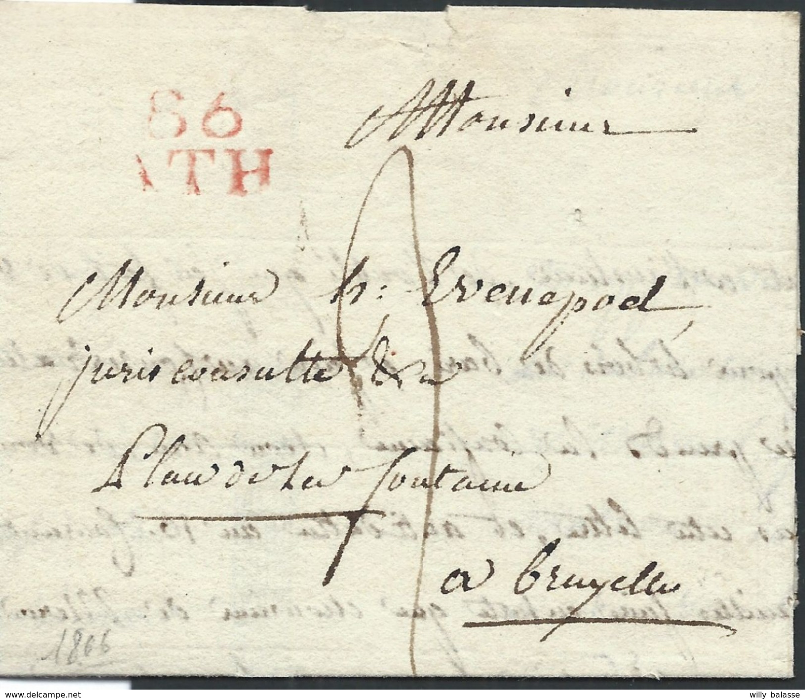 L Datée De Leuze Marque Rouge 86/ATH Pour Bruxelles - 1794-1814 (Periodo Francese)