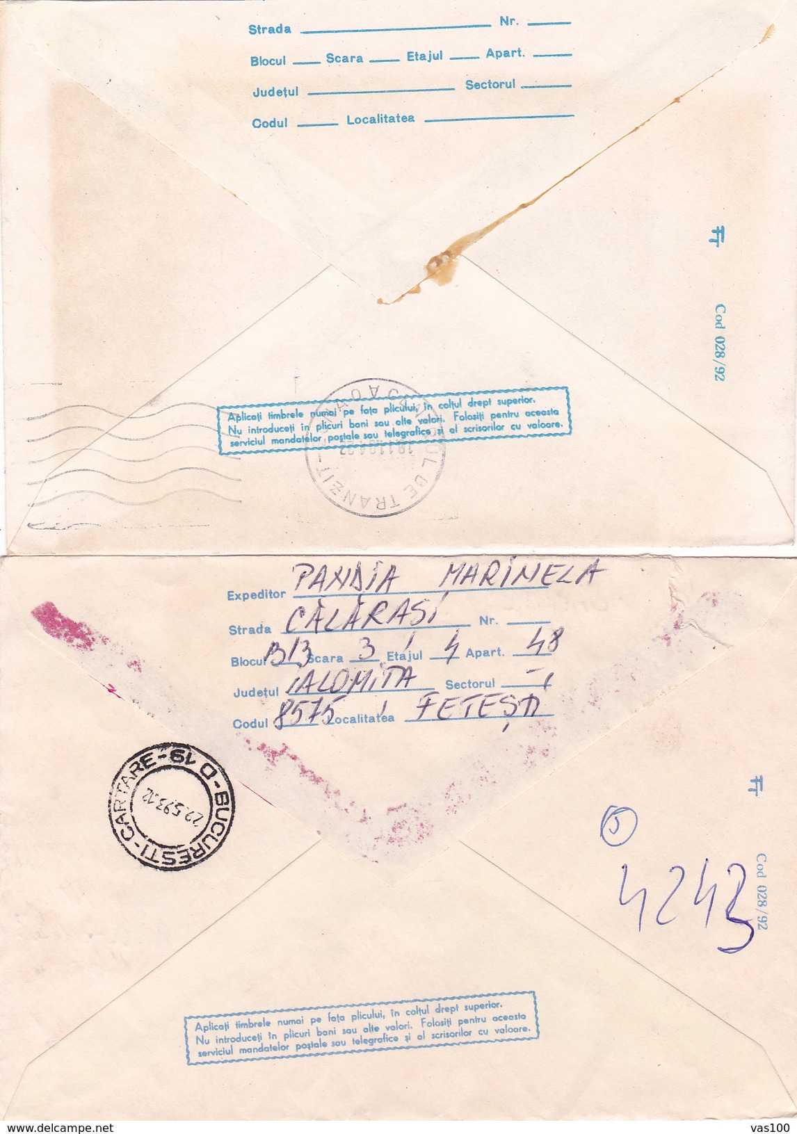 BV6928 ERROR,SHIFT IMAGE,diff.color RARE COVERS STATIONERY X2,BAIA-MARE,PRINTED POSTAGE 10L AND 15L, 1992 ROMANIA. - Variétés Et Curiosités