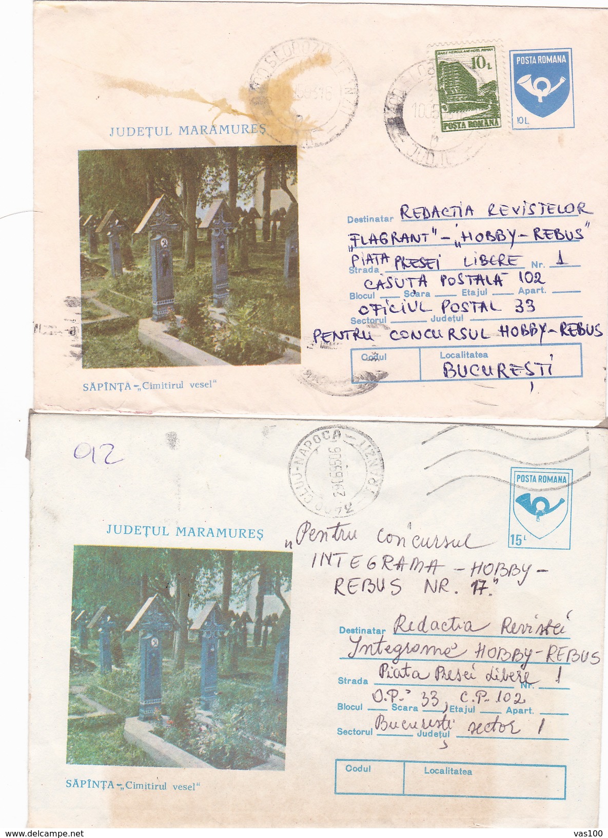 BV6929 ERROR,SHIFT IMAGE,diff.color RARE COVERS STATIONERY X2,CEMETERY SAPANTA,PRINTED POSTAGE 10L AND 15L,1992 ROMANIA. - Plaatfouten En Curiosa