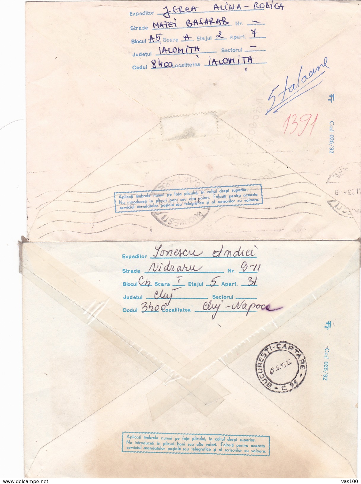 BV6929 ERROR,SHIFT IMAGE,diff.color RARE COVERS STATIONERY X2,CEMETERY SAPANTA,PRINTED POSTAGE 10L AND 15L,1992 ROMANIA. - Plaatfouten En Curiosa