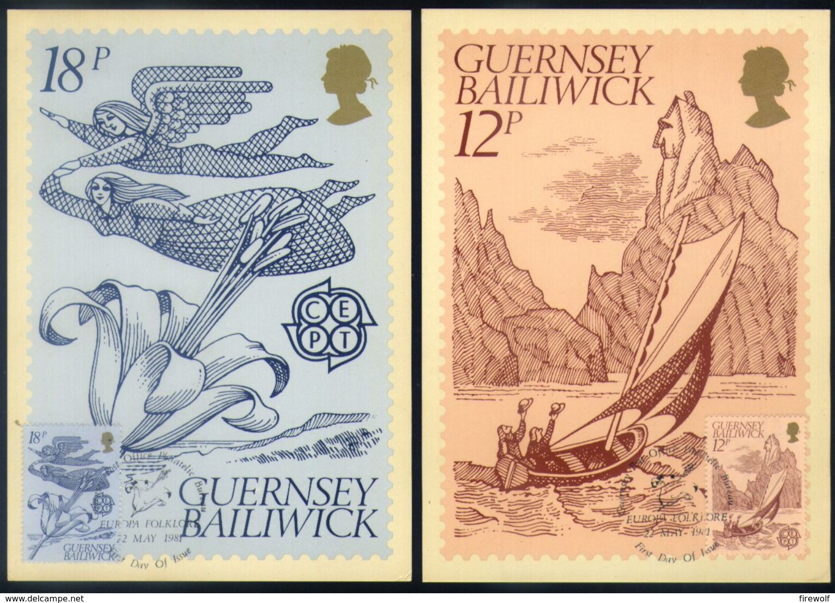 Z06 - Guernsey - 1981 - SG 230/231 - Europa CEPT - Maximum Cards - Folklore Boat Flower Lily Fairies - 1981