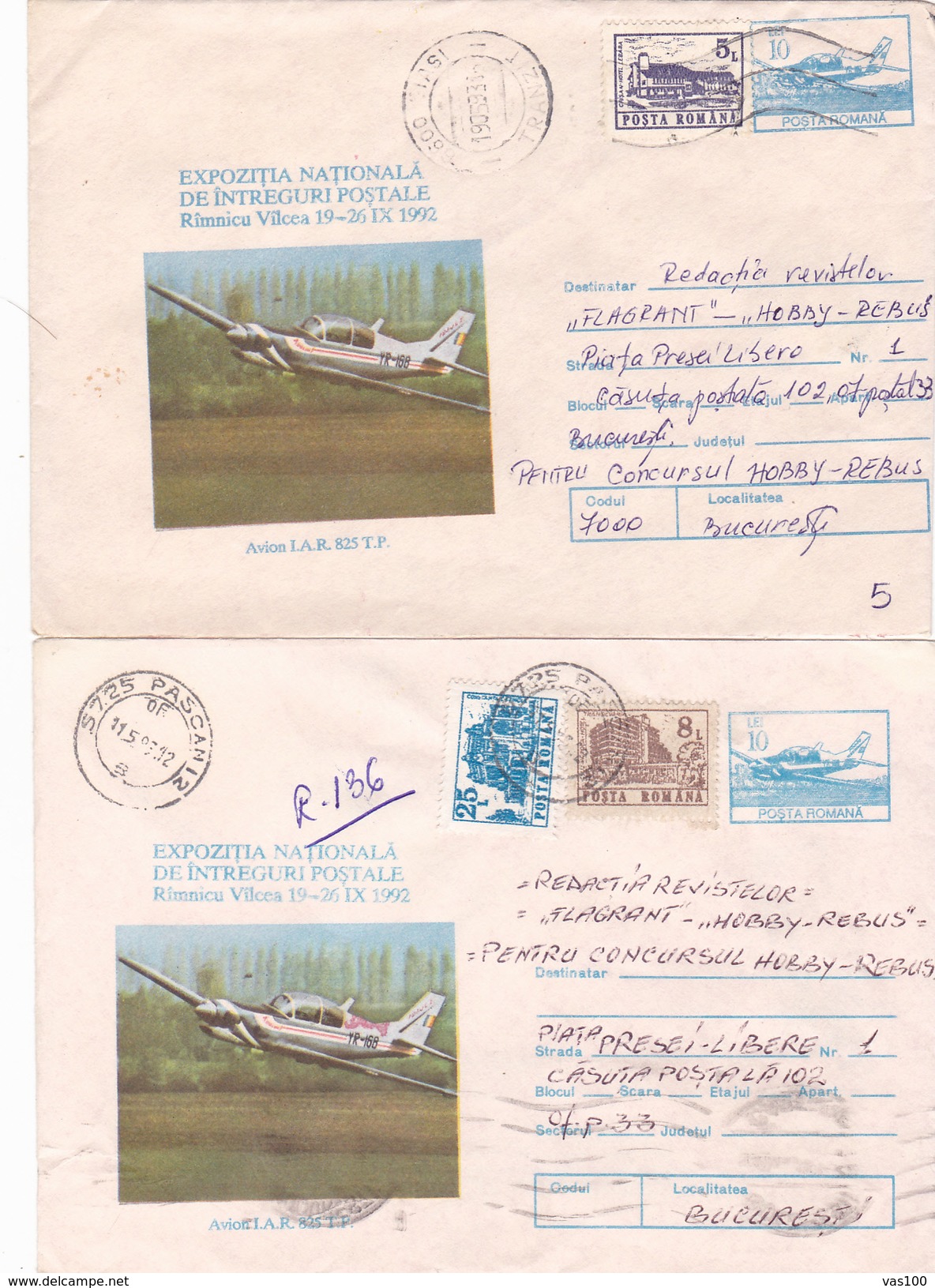 BV6930 ERROR,SHIFT IMAGE, RARE COVERS STATIONERY X2,AIRPLANE,cod. 009/1992 ROMANIA. - Plaatfouten En Curiosa
